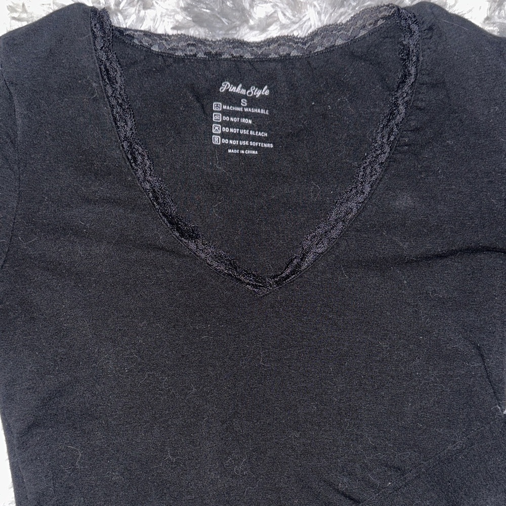 Black Long Sleeve Top with Lace Detail Around Neck - Small - Picture 3 of 4